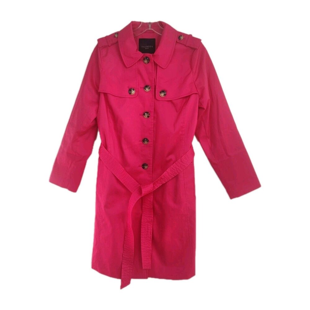 Talbots Petite Pea‎ Coat Women's LP Bright Pink Single Breasted Belted Long